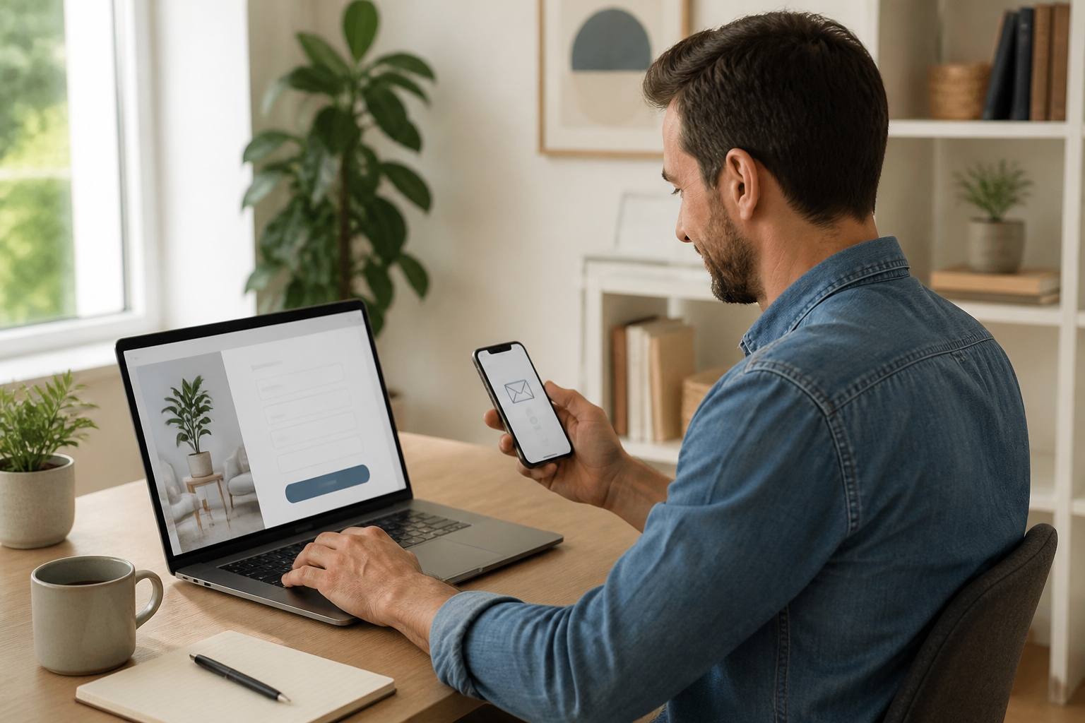 Antreprenor care testează formularul pe laptop și verifică notificarea de test pe telefon