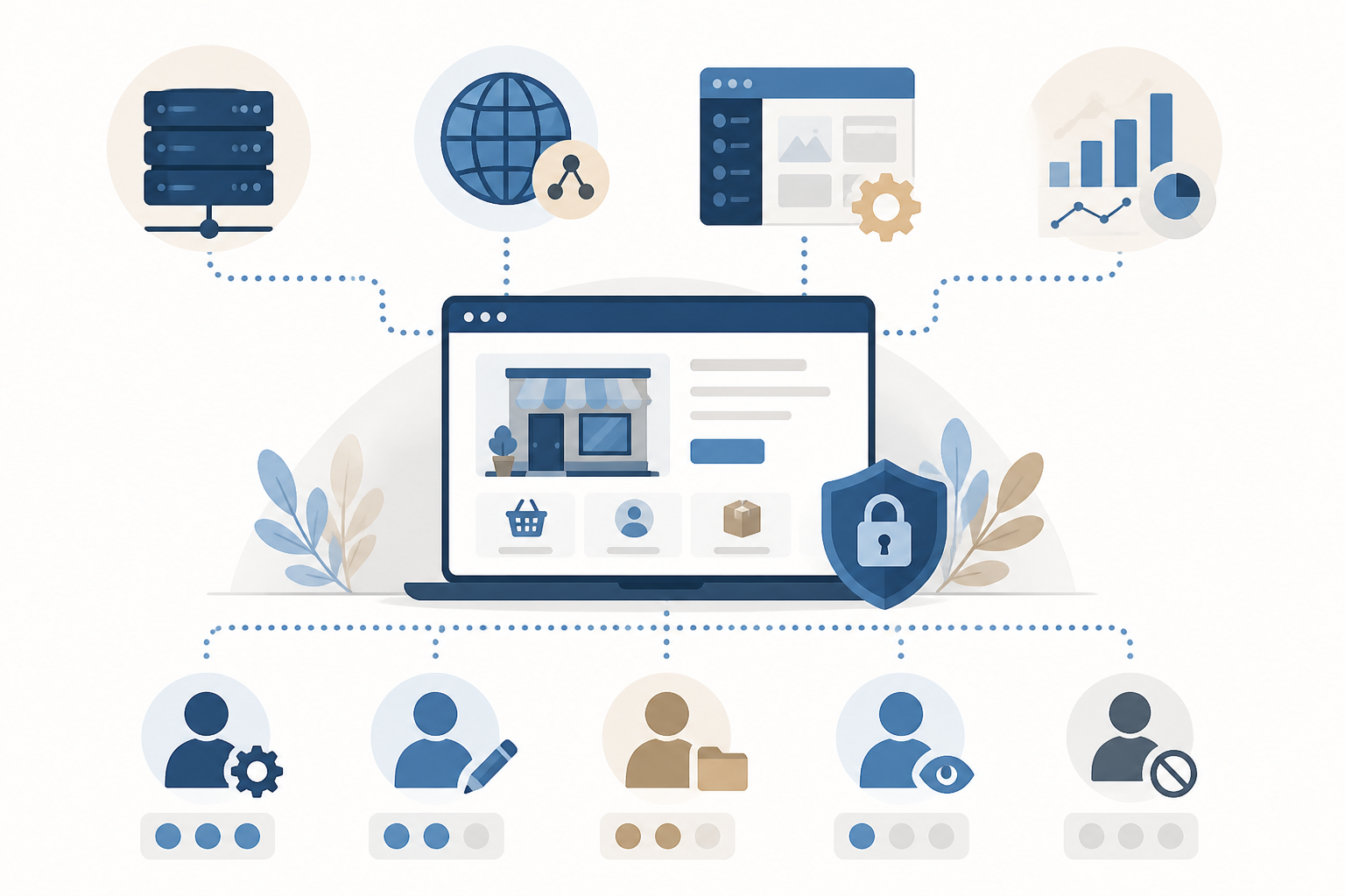 Ilustrație schematică a serviciilor conectate la site și a rolurilor separate ale utilizatorilor