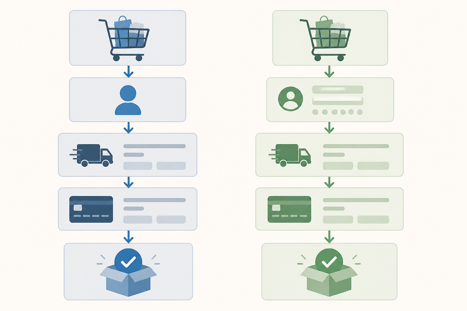 Diagramă conceptuală cu două trasee de comandă online, unul fără cont și unul cu înregistrare.