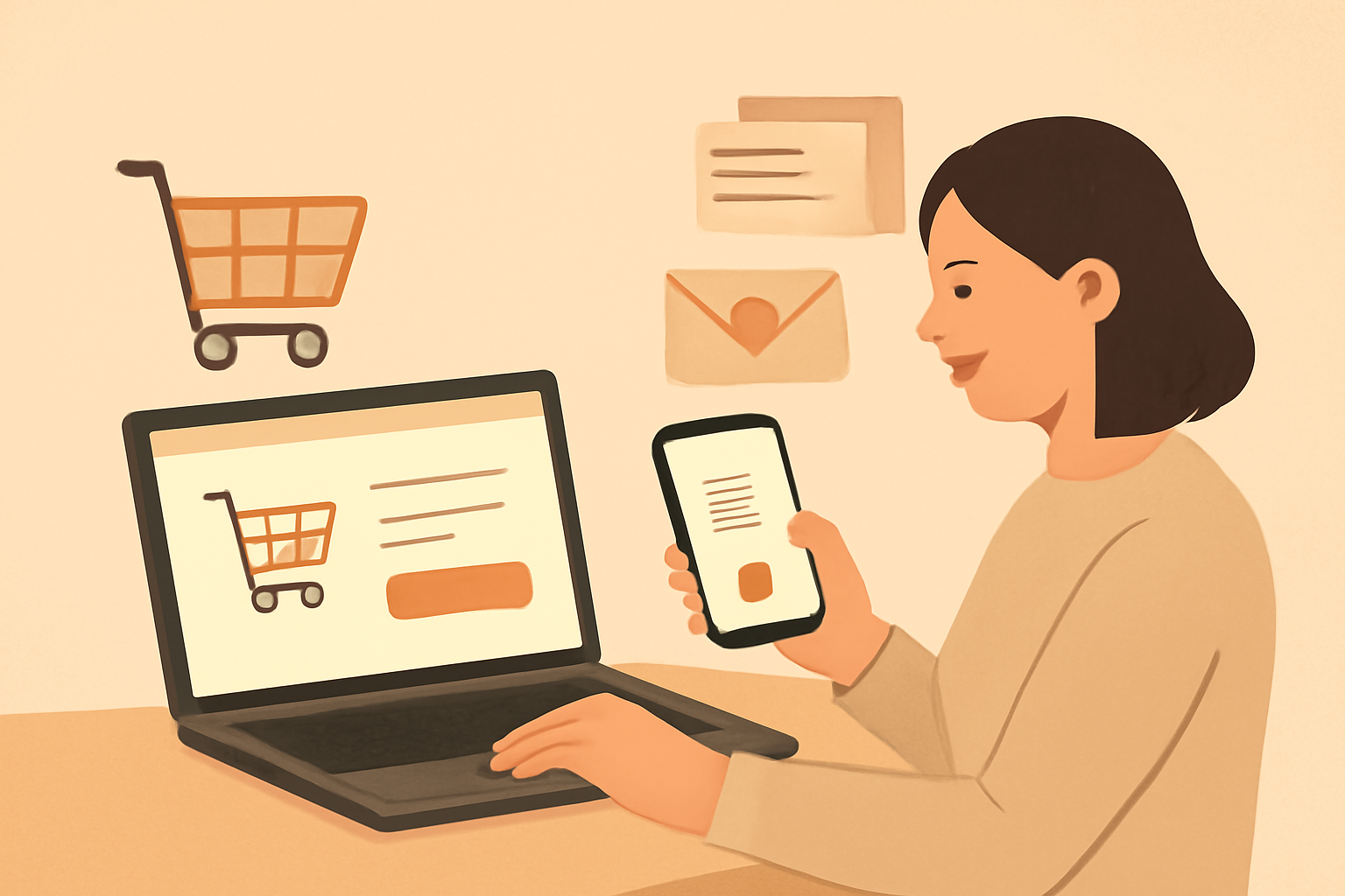 Antreprenor testează pe laptop și telefon produsele și confirmarea unei comenzi online