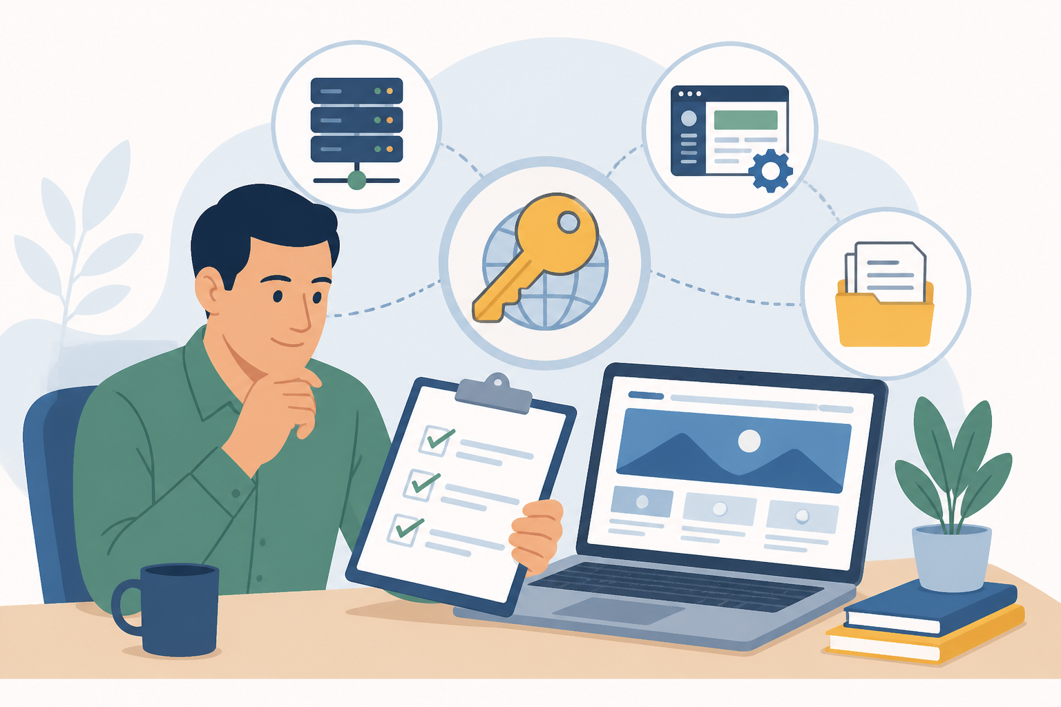 Antreprenor verifică o listă de predare a site-ului, cu simboluri pentru domeniu, hosting și CMS