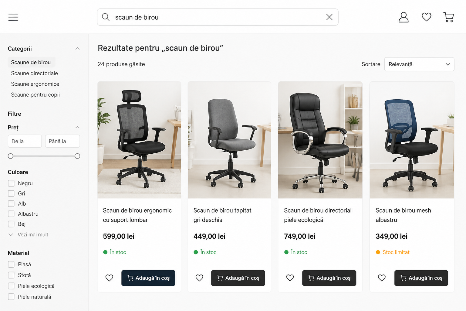 Interfață de magazin online cu produse, prețuri și disponibilitate afișate în rezultatele căutării.
