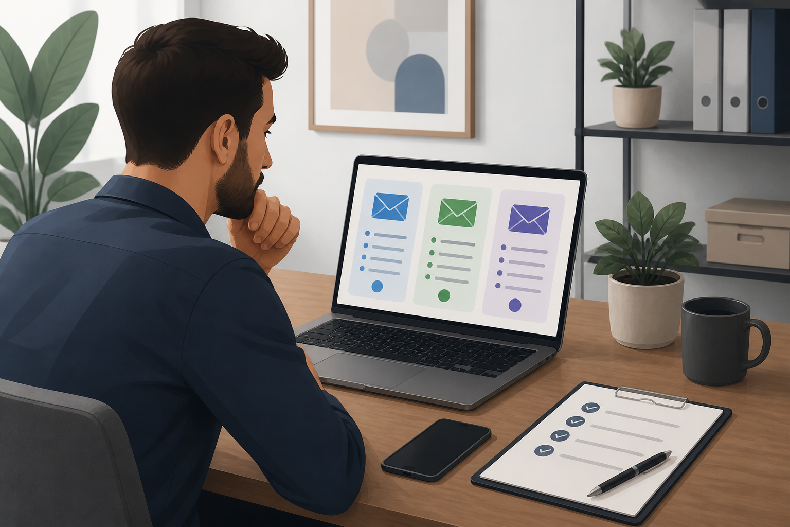 Antreprenor compară servicii de email pe laptop și notează criterii de alegere