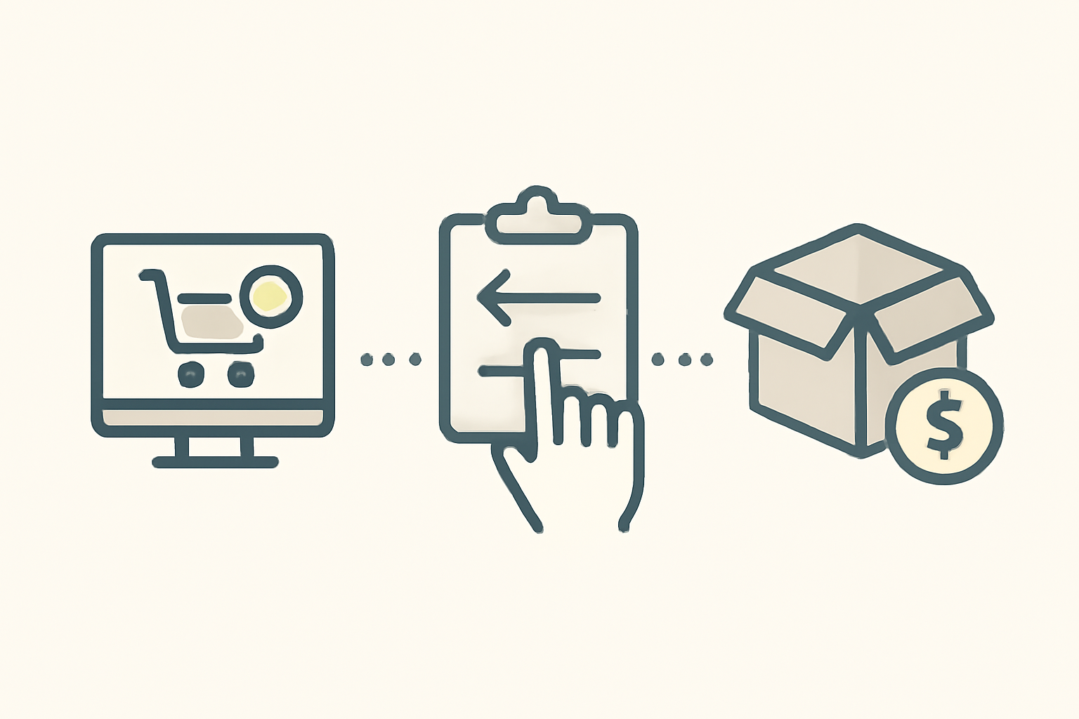 Ilustrație cu trei etape ale procesului de retur: comandă, solicitare și rambursare.